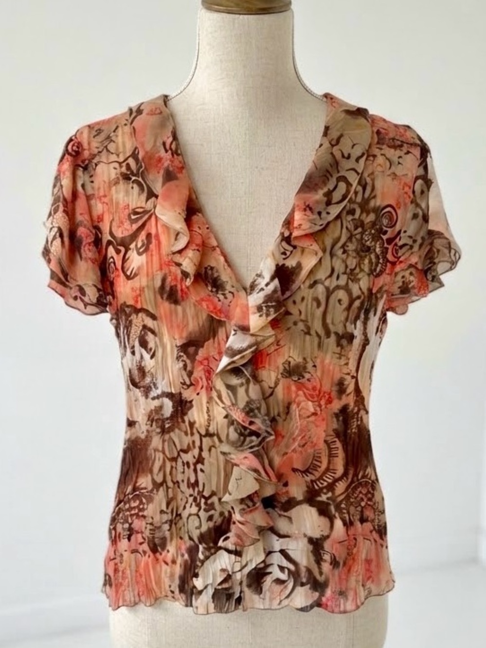 Violet & Claire Coral and Brown Ruffle V-Neck Blouse